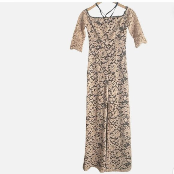 Alexis Joaquin Tan & Black Off Shoulder Lace Jumpsuit Catsuit Size XS - Picture 3 of 7